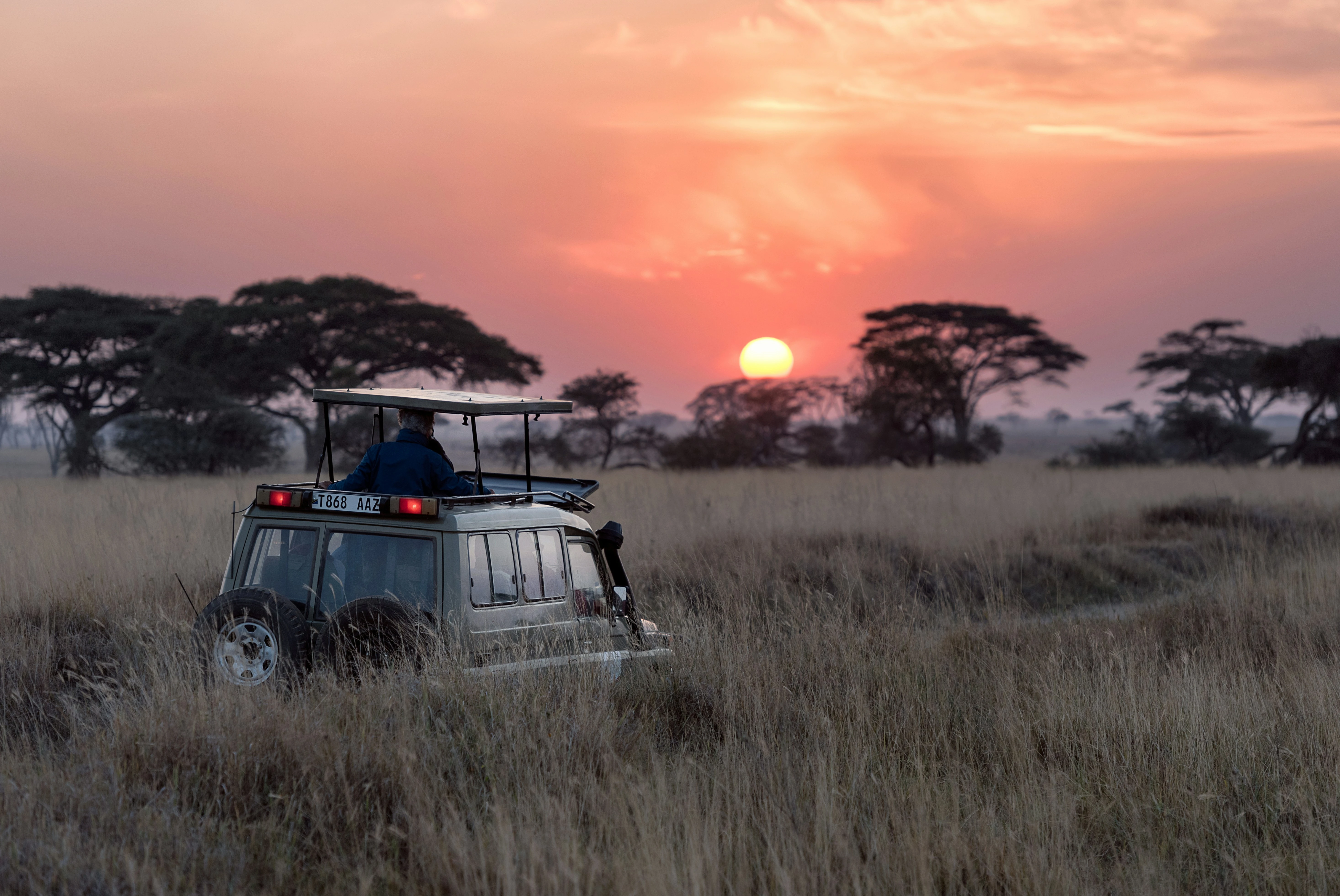 Sable & Thorn, a game vehicle against a bushveld sunset